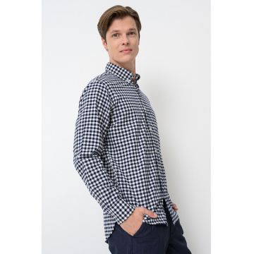 Camasa din bumbac cu model in carouri - Alb/Albastru indigo