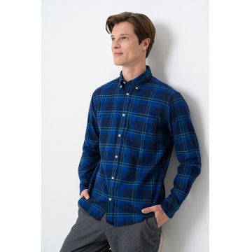 Camasa din bumbac cu model in carouri - Albastru inchis/Verde aquamarin