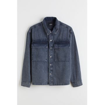 Camasa din denim cu buzunare cu clapa - Albastru inchis