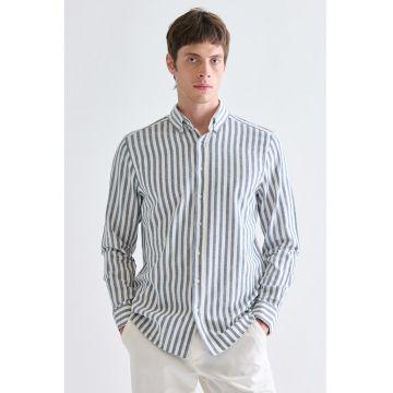 Camasa Oxford cu model in dungi - Alb fildes/Albastru petrol