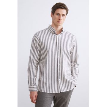 Camasa Oxford cu model in dungi - Alb murdar/Gri inchis