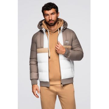 Geaca cu gluga si model colorblock - Alb/Maro taupe/Bej