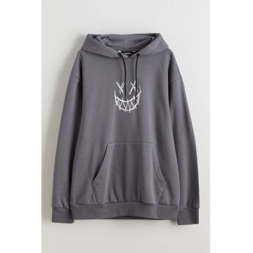 Hanorac cu imprimeu pe partea din spate si buzunar kangaroo - Gri inchis