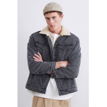 Jacheta din denim cu captuseala din material teddy - Gri antracit