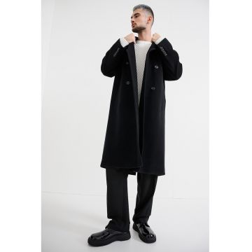 Palton din amestec de lana cu doua randuri de nasturi - Negru