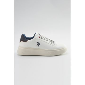 Pantofi sport low-cut din piele ecologica cu detaliu logo - Alb optic/Bleumarin