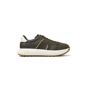 Pantofi sport wedge cu segmente de piele nabuc Athens - Alb/Kaki inchis