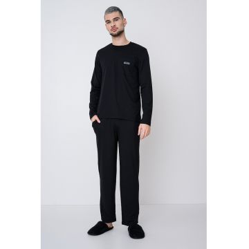 Pijama din amestec de modal cu model uni si banda logo - Negru