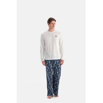 Pijama din bumbac cu model - Albastru inchis/Alb murdar