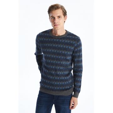 Pulover cu model si decolteu la baza gatului - Albastru ultramarin/Albastru deschis/Gri inchis