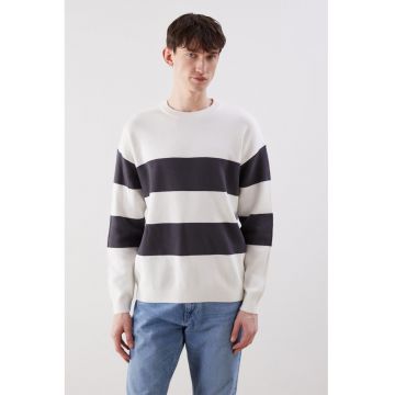 Pulover de bumbac cu dungi - Negru stins/Alb murdar