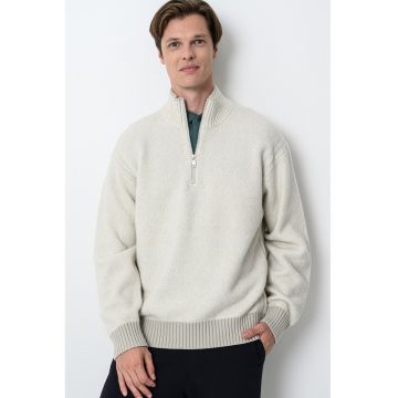 Pulover din amestec de lana cu fermoar scurt Kobear - Alb fildes