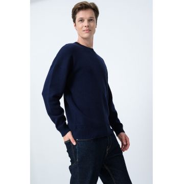 Pulover din amestec de lana cu model uni - Bleumarin