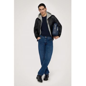 Pulover din casmir cu decolteu la baza gatului - Bleumarin