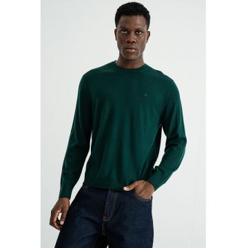Pulover din lana cu decolteu la baza gatului - Verde englez