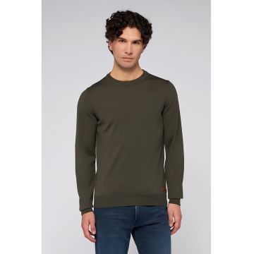 Pulover din lana virgina cu decolteu la baza gatuluii - Verde sparanghel