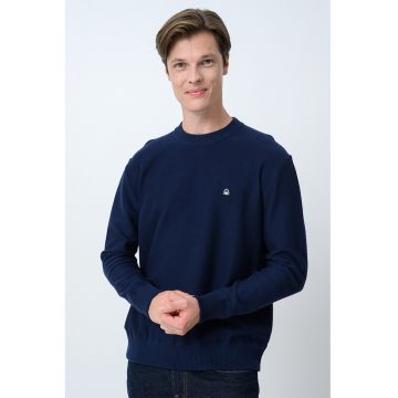 Pulover lejer din amestec de bumbac cu terminatii striate - Bleumarin