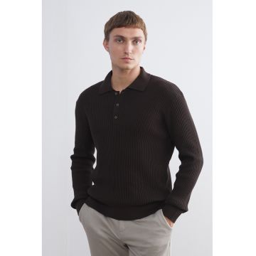 Pulover polo cu aspect striat - Maro inchis