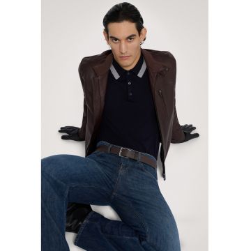 Pulover polo cu fenta cu nasturi - Bleumarin