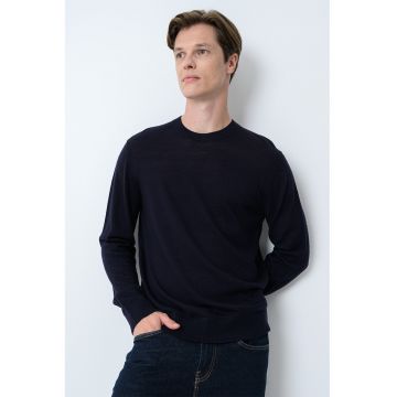 Pulover slim fit tricotat fin din lana - Albastru ultramarin