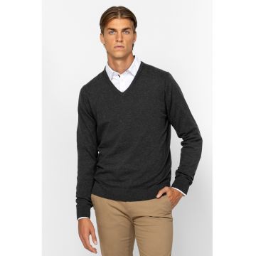 Pulover tricotat fin cu decolteu in V - Gri inchis melange