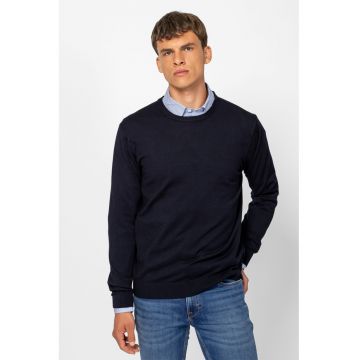 Pulover uni tricotat fin cu decolteu la baza gatului - Albastru ultramarin