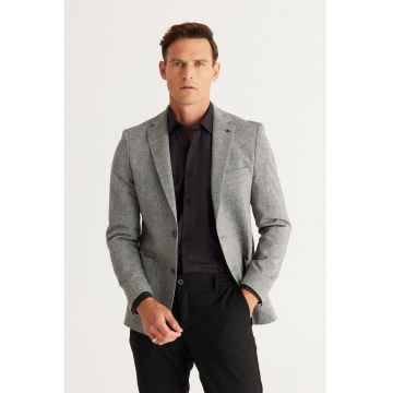 Sacou slim-fit cu model uni - Gri melange