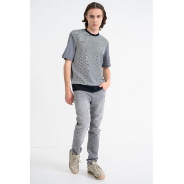 Tricou cu decolteu la baza gatului si dungi - Alb/Albastru ultramarin