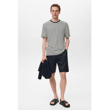 Tricou cu decolteu la baza gatului si model in dungi - Albastru ultramarin/Gri melange