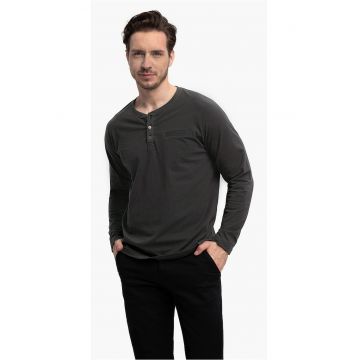 Tricou cu maneca lunga barbati  L-Charl - cu decolteu cu nasturi - regular fit - grafit - XXL