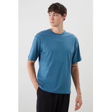 Tricou lejer de bumbac cu decolteu la baza gatului - Albastru petrol