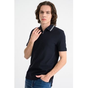 Tricou polo din bumbac cu fermoar scurt - Alb/Albastru ultramarin