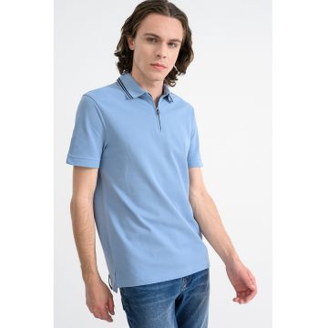 Tricou polo din bumbac cu fermoar scurt - Negru/Albastru lavanda