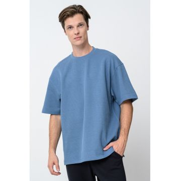 Tricou striat cu decolteu la baza gatului - Albastru petrol