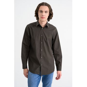 Camasa din amestec de bumbac cu guler clasic - Maro inchis