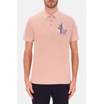 Distretto - Tricou polo din bumbac cu imprimeu grafic discret - Roz prafuit