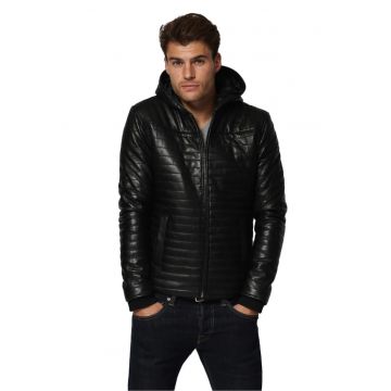 Geaca pentru barbati  cu gluga - matlasata - cu piele naturala - negru - Negru