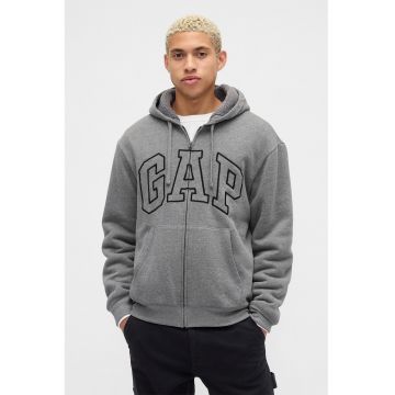 Hanorac cu captuseala din plus - logo si fermoar - Gri inchis melange