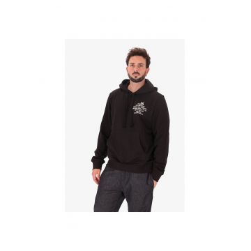 Hanorac cu snur - imprimeu text si buzunar kangaroo - Negru