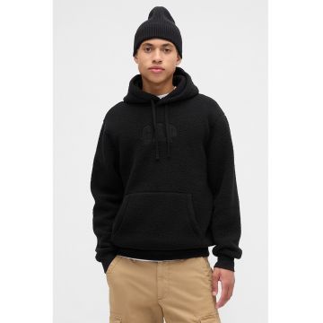 Hanorac din material teddy cu buzunar kangaroo - Negru