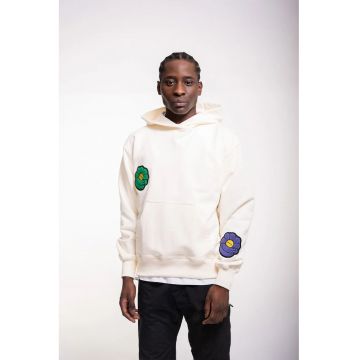 Hanorac supradimensionat cu buzunar frontal si imprimeu floral 3D - Crem