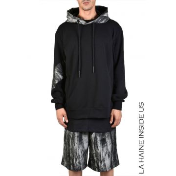 Hanorac supradimensionat cu imprimeu minimalist pe gluga si maneci - Negru