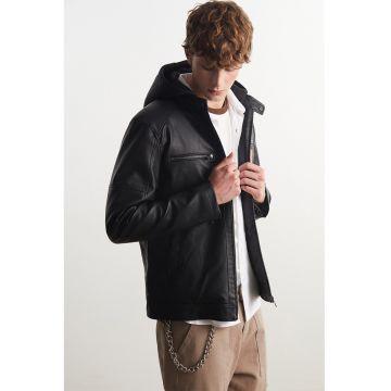 Jacheta de piele ecologica cu gluga - Negru