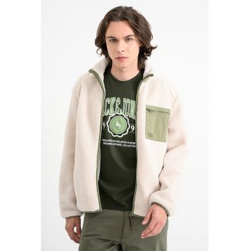 Jacheta din material sherpa cu fermoar - Verde/Crem