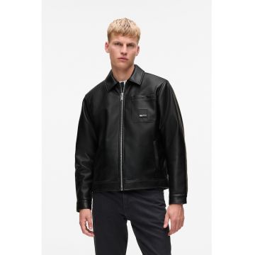 Jacheta din piele ecologica cu buzunar aplicat pe piept - Negru