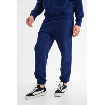 Pantaloni de trening din amestec de bumbac organic cu talie medie si snur de ajustare - Albastru inchis