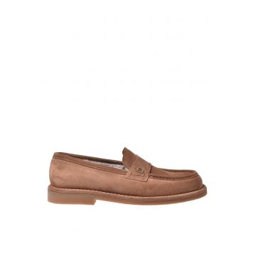 Pantofi loafer din piele intoarsa cu model uni - Bej