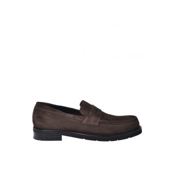 Pantofi loafer din piele intoarsa cu model uni - Maro inchis