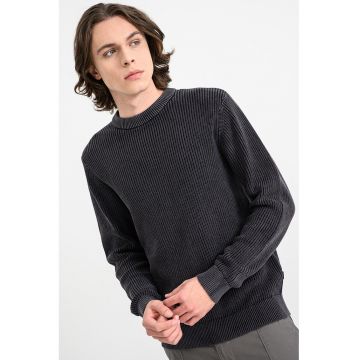 Pulover din bumbac cu decolteu la baza gatului Anaka - Negru melange