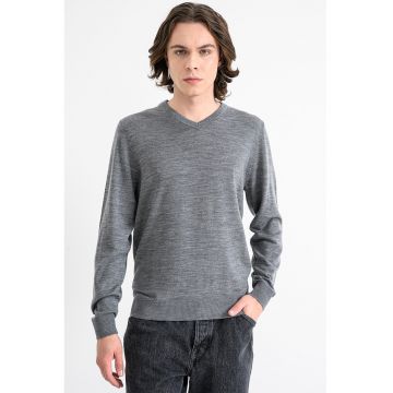 Pulover din lana cu decolteu in V - Gri inchis melange